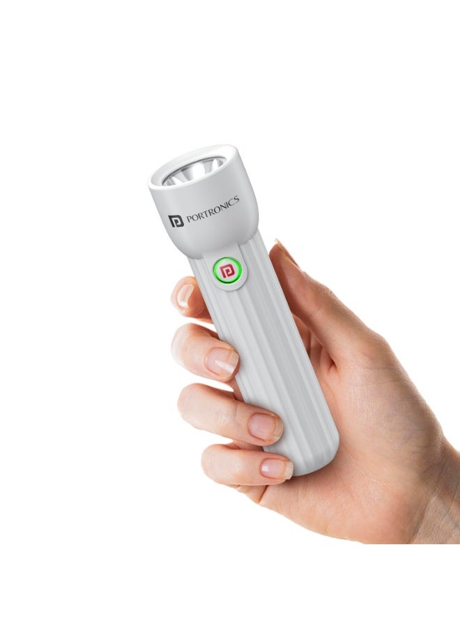 بورترونيكس Portronics Eco Glow Mini LED Torch Light with USB Rechargeable Battery, Compact Size Flashlight, Dual-Brightness Levels, SOS Emergency Light Mode, for Home, Outdoor, Camping, Travel (White) - Image 1